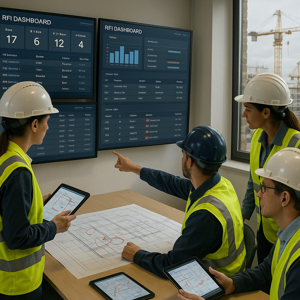 Coordinated construction team reviewing digital RFI dashboards
